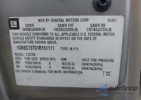 2001 Chevrolet Tahoe C1500 from USA, damaged, VIN 1GNEC13T91R151111